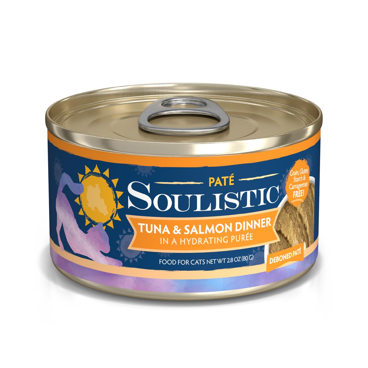 A can of Soulistic Tuna & Salmon Dinner in a Hydrating Purée, with a gold lid and blue-orange label featuring a cat silhouette, sun graphic, and text highlighting wholesome nutrition with wild-caught tuna.