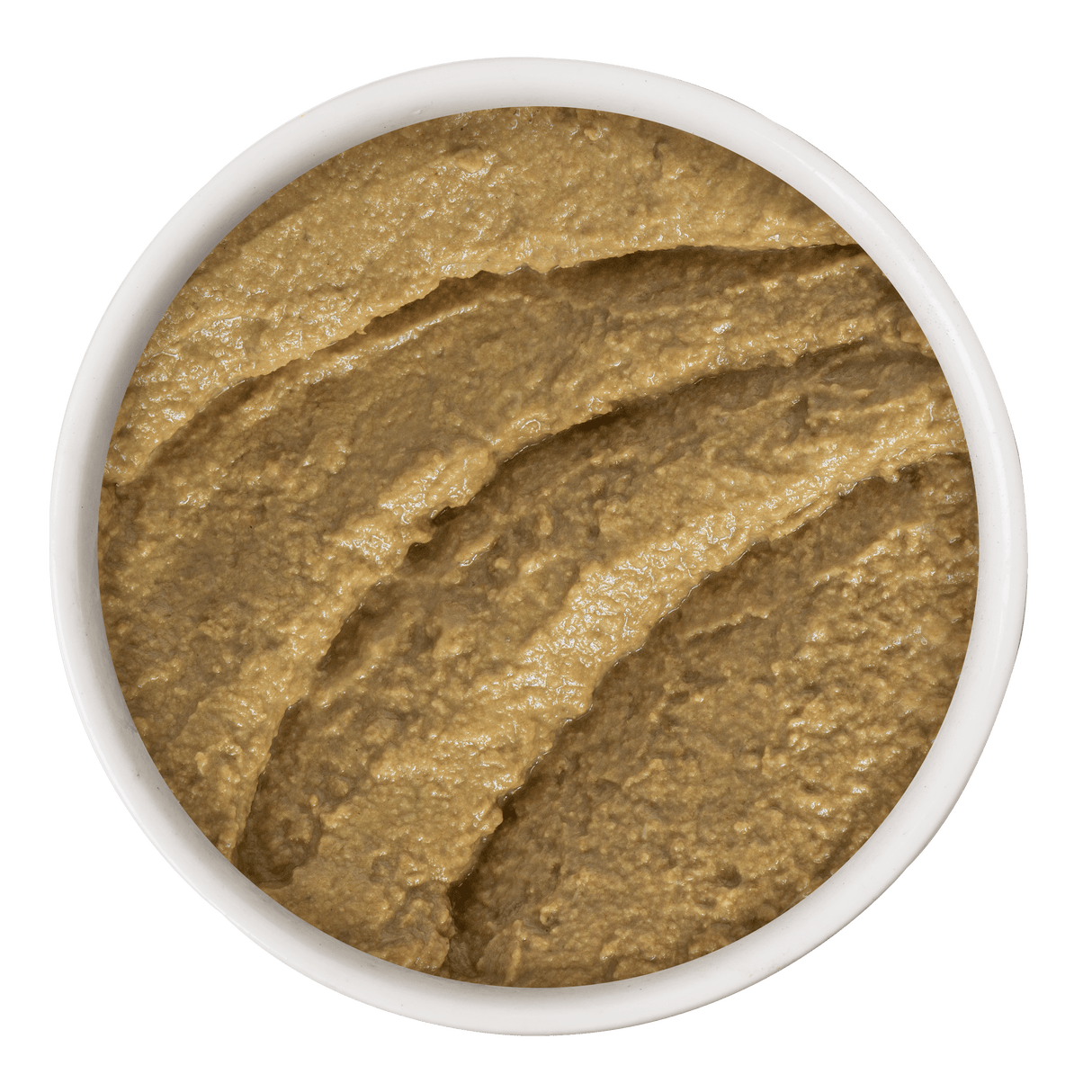 A white bowl viewed from above holds Soulistic Tuna & Salmon Dinner in a Hydrating Purée, its smooth brown surface gently swirled, set against a plain white background.