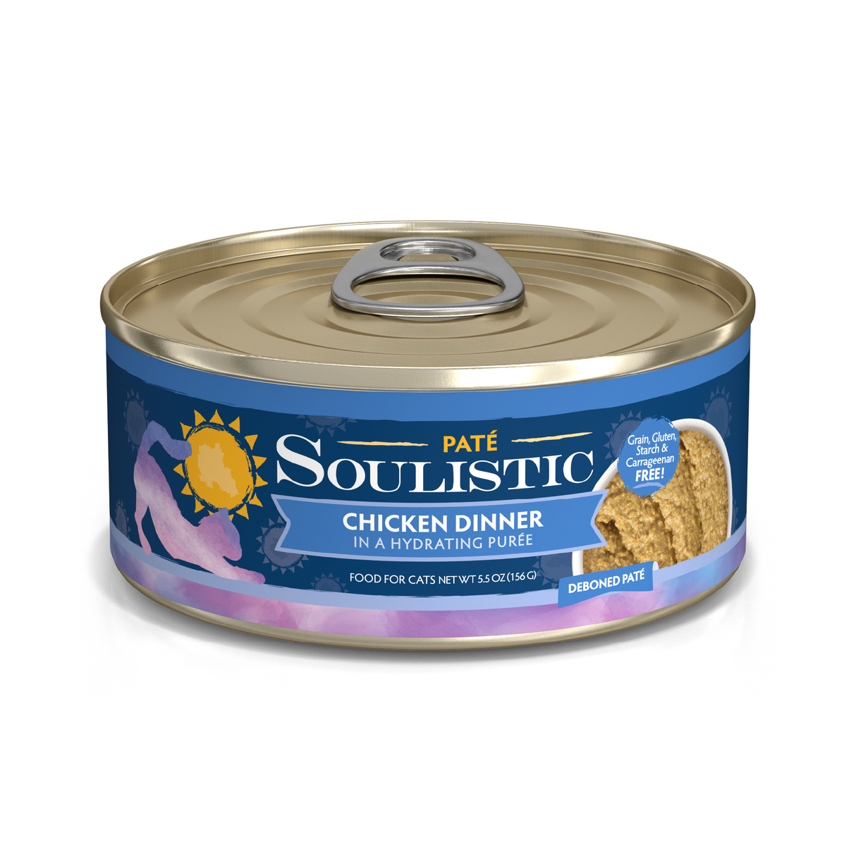 Soulistic Chicken Dinner in a Hydrating Purée cat food comes in a can with a blue and gold label, cat silhouette, and sun logo. It's grain, gluten, and carrageenan free for balanced nutrition.