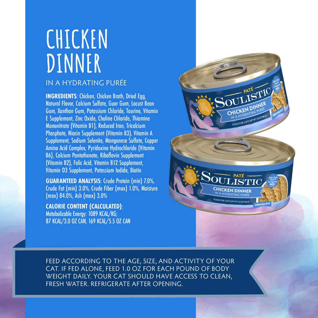 Two cans of Soulistic Chicken Dinner in a Hydrating Purée are shown on a blue background, highlighting its hydrating texture and balanced nutrition, with ingredient, nutrition, and feeding details in white text.