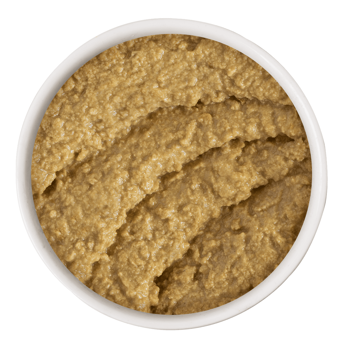A white bowl filled with Soulistic Chicken Dinner in a Hydrating Purée is shown from above on a plain background, its thick, brownish-beige paté featuring textured grooves that provide balanced nutrition for your cat.