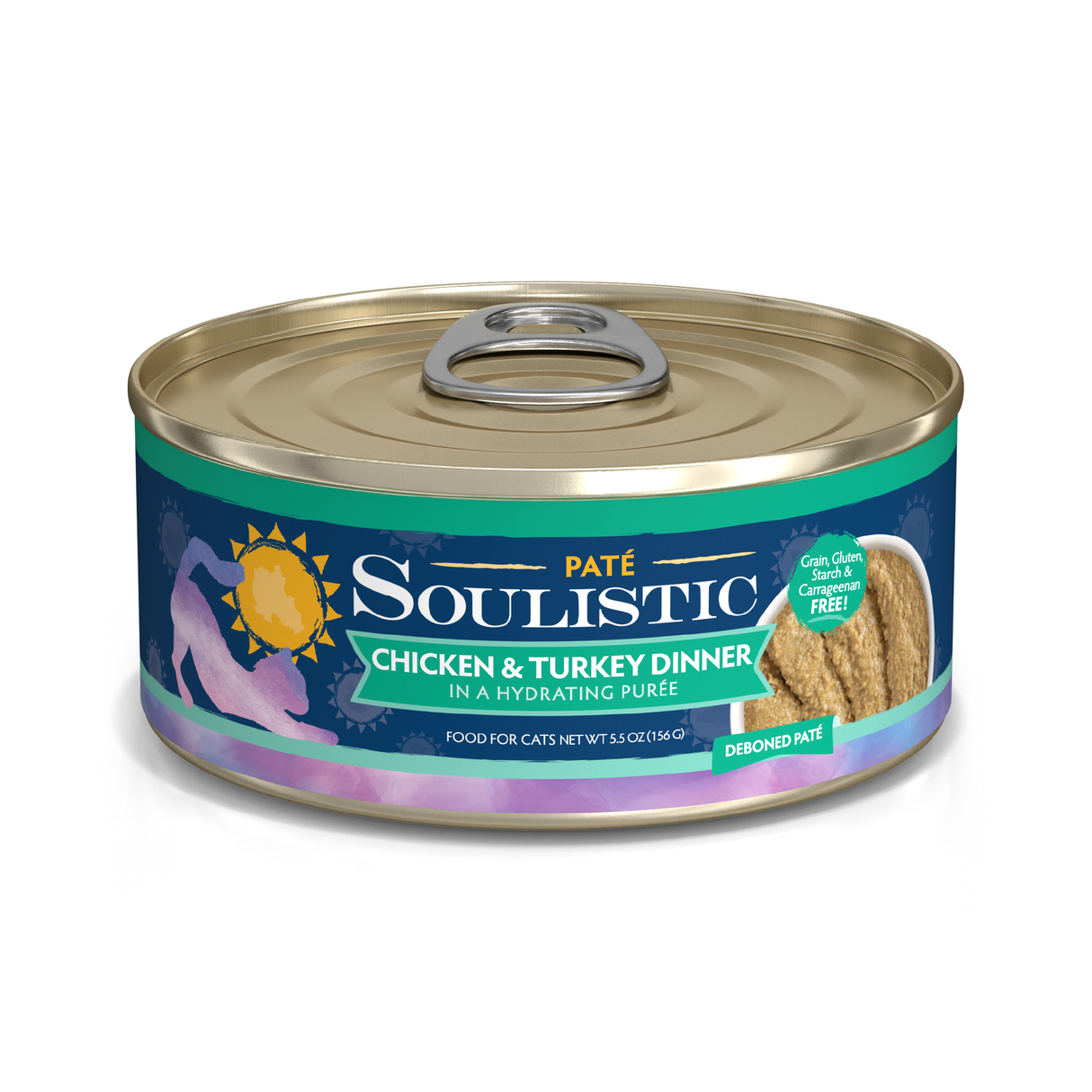 A can of Soulistic Chicken & Turkey Dinner in a Hydrating Purée, featuring boneless chicken, grain-free nutrition, a pull-tab lid, and a blue and purple label. Gluten and carrageenan-free for your cat.