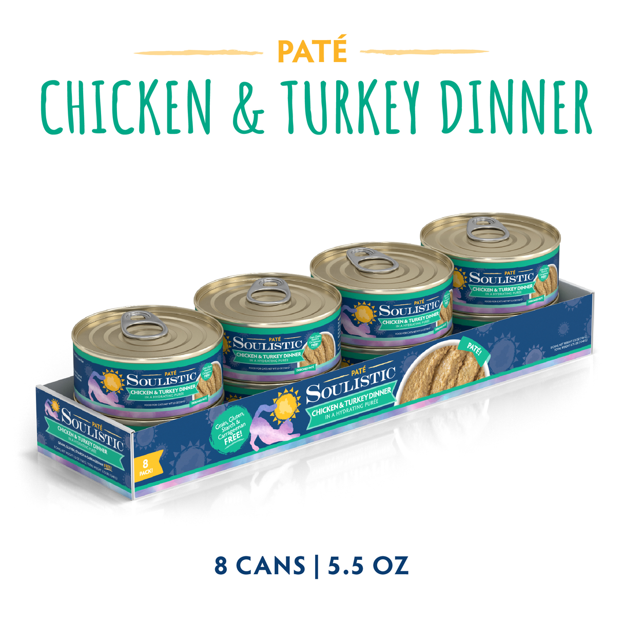 A pack of eight 5.5 oz Soulistic Chicken & Turkey Dinner in a Hydrating Purée cans is shown, featuring boneless chicken, grain-free recipe, and optimal nutrition. Four cans are displayed in a tray with cat graphics.
