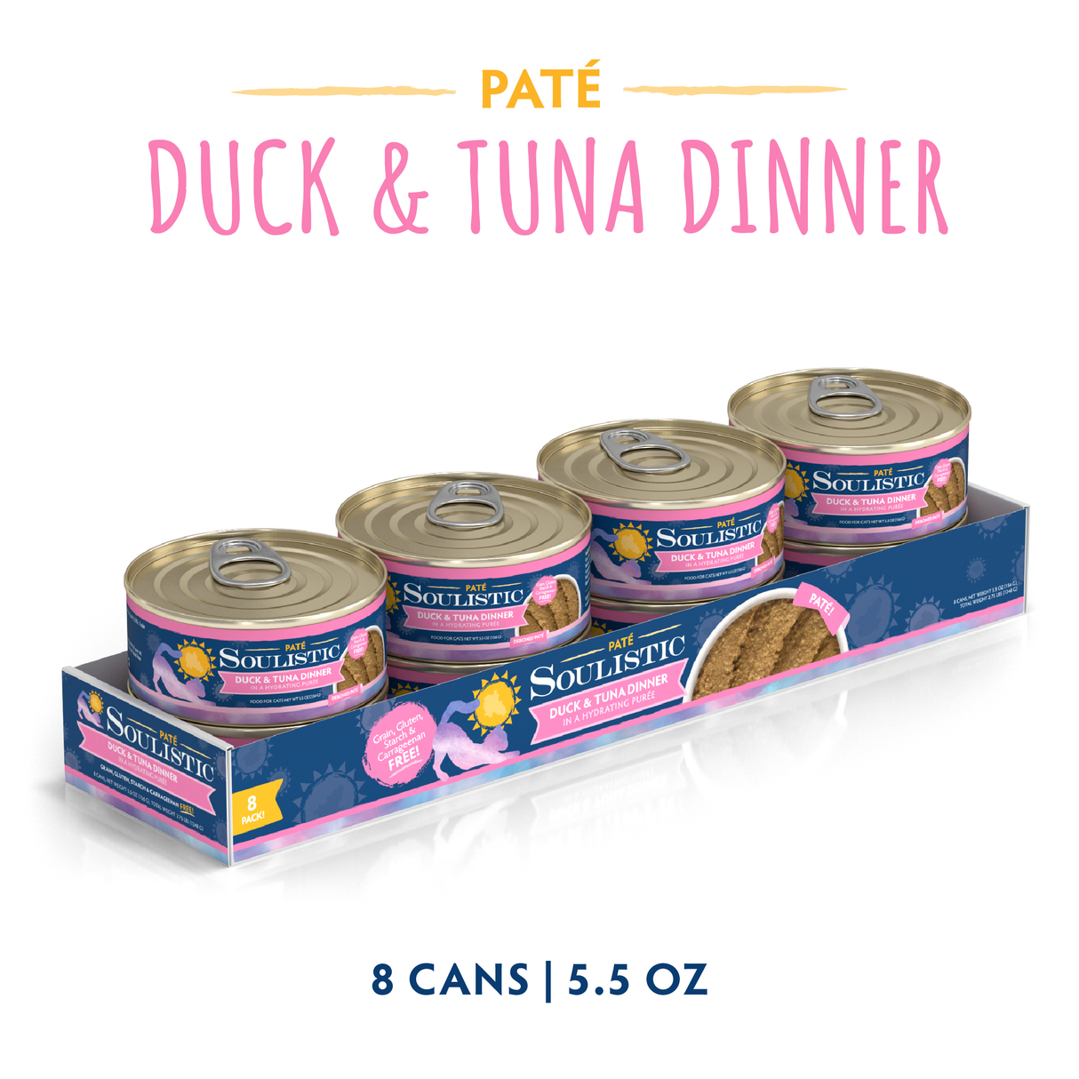 A tray of eight 5.5 oz Soulistic Duck & Tuna Dinner in a Hydrating Purée cans, made with cage-free duck and wild-caught tuna. Pink and blue grain-free labels feature a yellow cat logo.