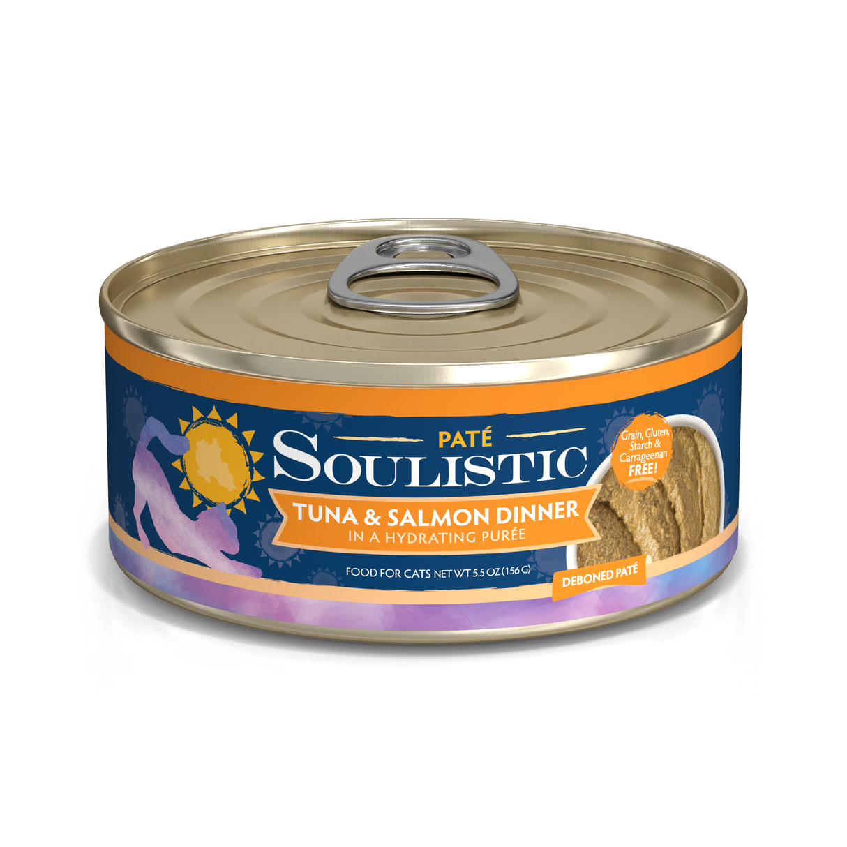 A can of Soulistic Tuna & Salmon Dinner in a Hydrating Purée cat food with a pull-tab lid, blue and gold label, and an image of the purée. Made with wild-caught tuna; grain, gluten, and carrageenan free for wholesome nutrition.