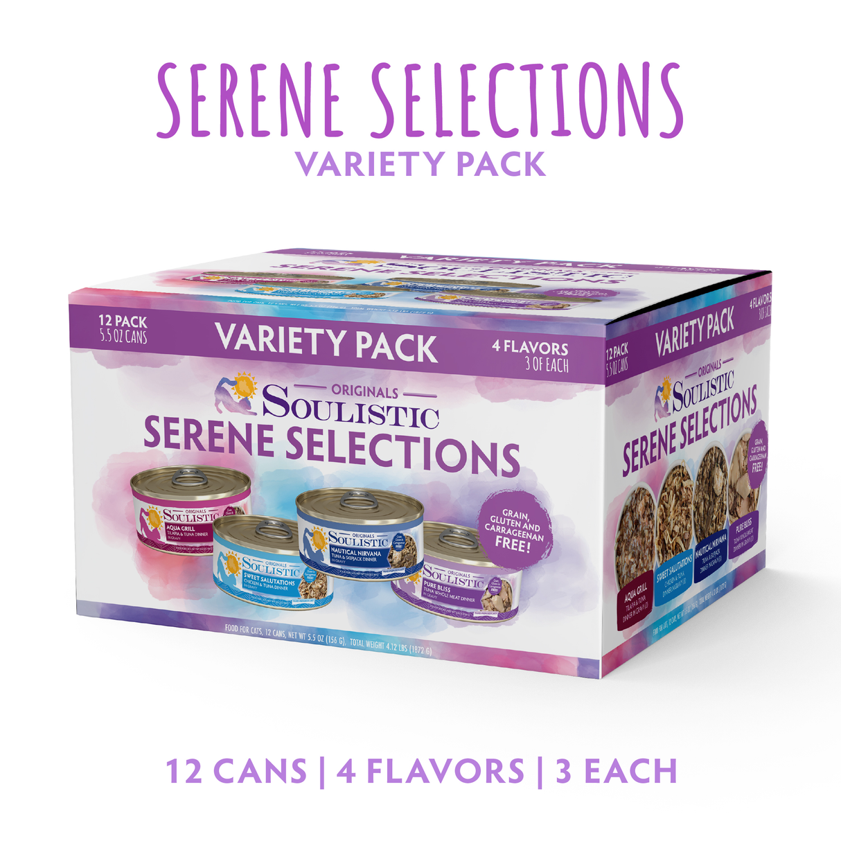 A 12-pack box of Soulistic Serene Selections cat food, offering four seafood flavors. Images display cans, highlight "12 cans," "4 flavors," and a grain-free recipe—high-protein wet cat food for variety and nutrition.