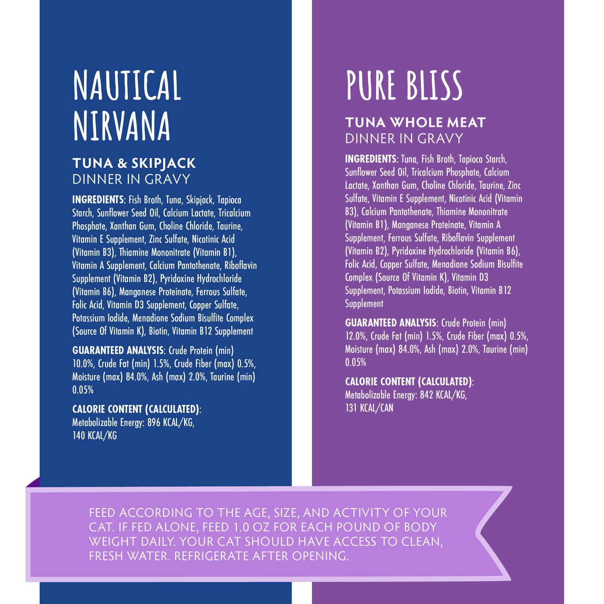 Two panels show cat food info. The left, “Serene Selections” by Soulistic, has a blue background with seafood nutrition. The right is purple with similar info. Both feature ingredients, feeding guides, and guaranteed analysis.