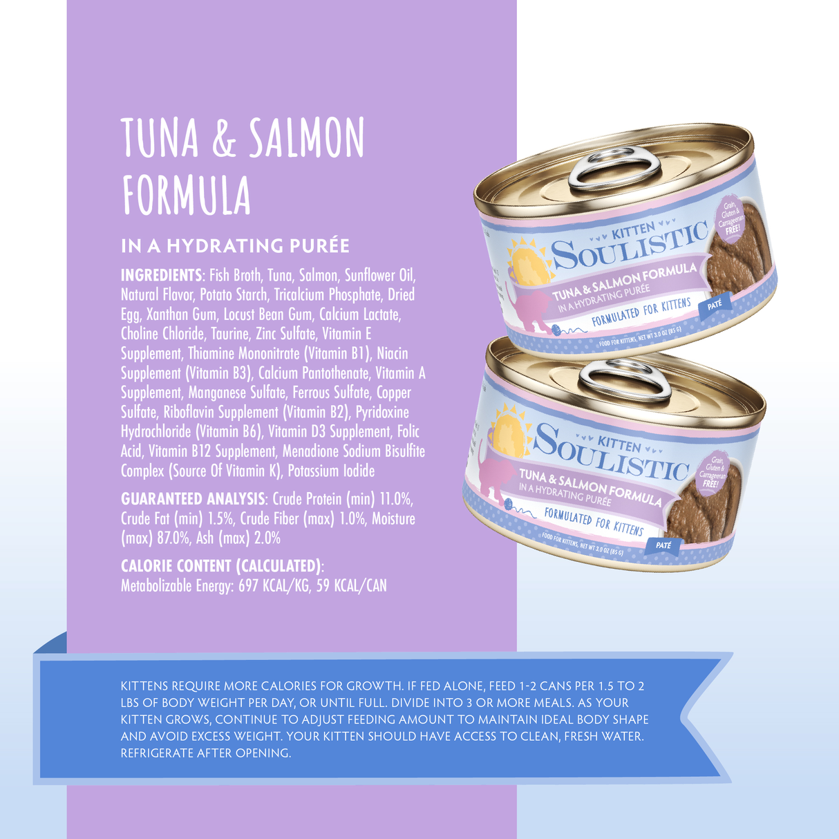Two cans of Soulistic Tuna & Salmon Formula in Hydrating Purée kitten food are shown on a purple and blue background, with feeding instructions, ingredients, and nutrition details displayed.