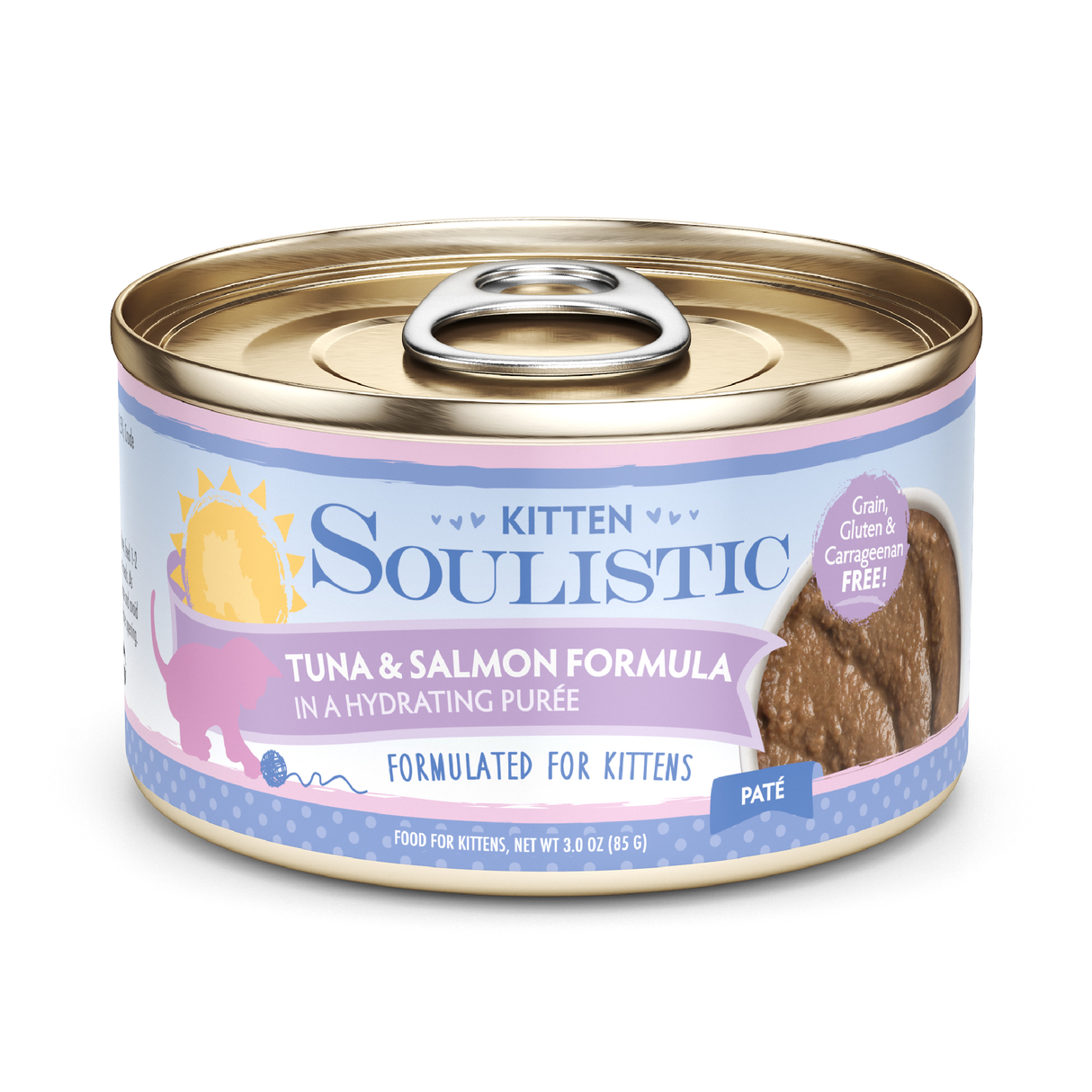A can of Soulistic Tuna & Salmon Formula in Hydrating Purée cat food with a purple and blue label featuring a cat silhouette. Made with wild-caught tuna, it's grain, gluten, and carrageenan free—perfect nourishment for kittens.