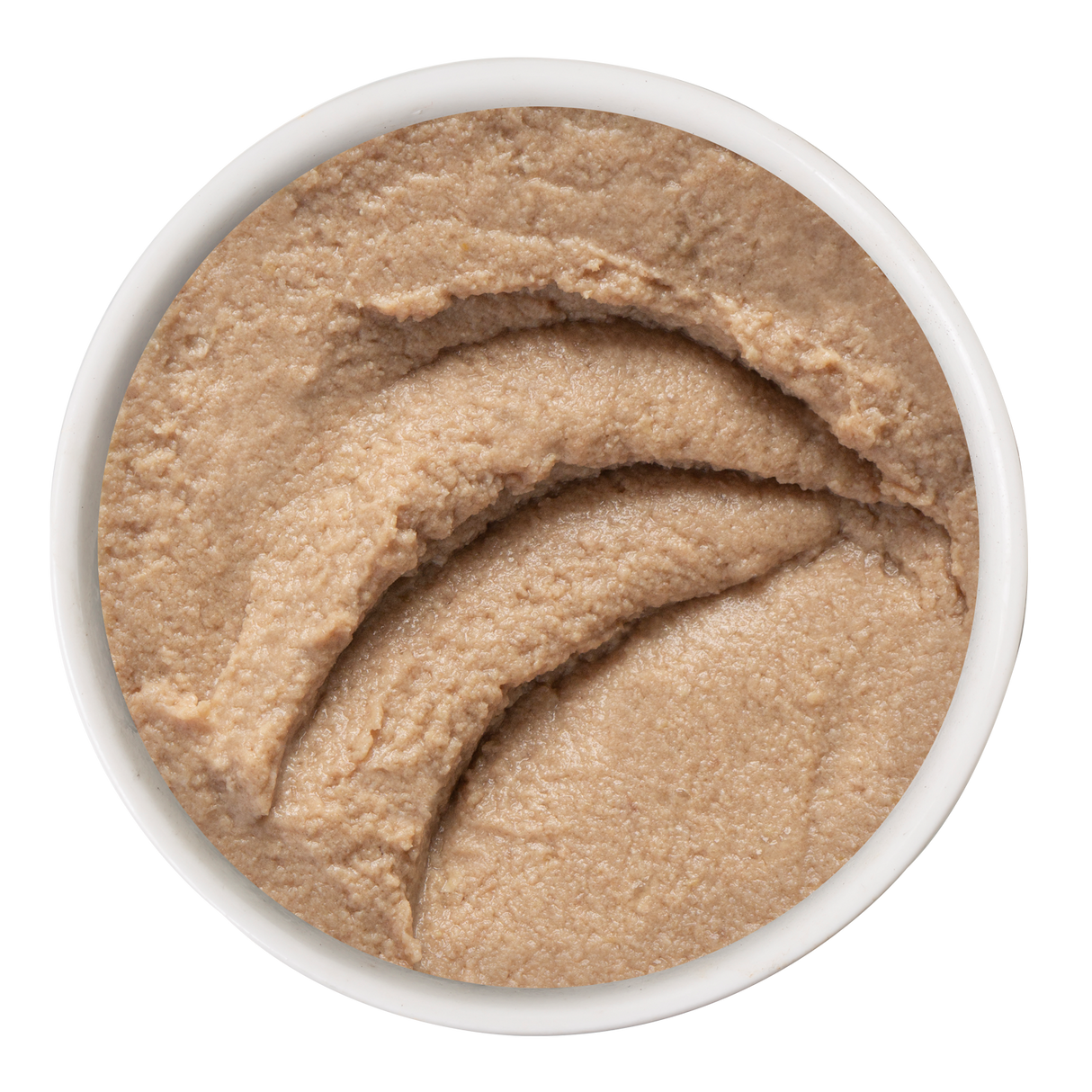 A small white bowl holds Soulistic Chicken Breast Formula in Hydrating Purée, showing its smooth, creamy light brown texture with three curved swipes on top. The background is white.