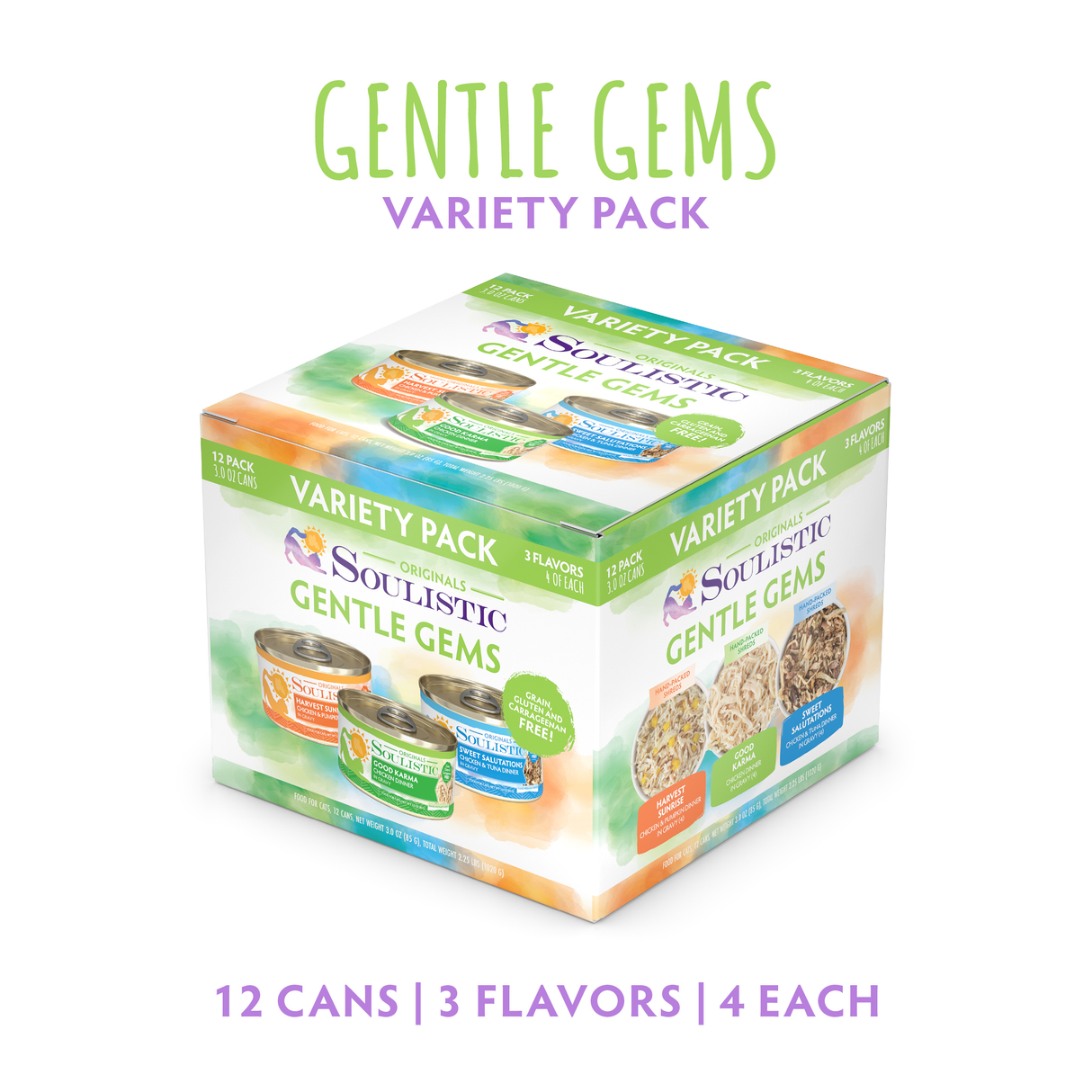 Soulistic Gentle Gems cat food variety pack includes 12 cans (3 flavors, 4 each). The colorful box displays high-quality proteins and moisture-rich meals, featuring images of the cans on a clean white background.
