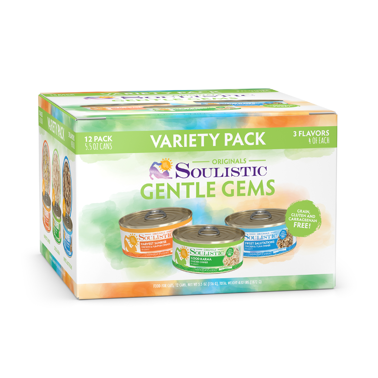 Soulistic Gentle Gems cat food 12-pack variety box offers moisture-rich, high-protein meals in three flavors. Each 5.5 oz can is grain, gluten, and carrageenan free. Box displays appealing images of the product.