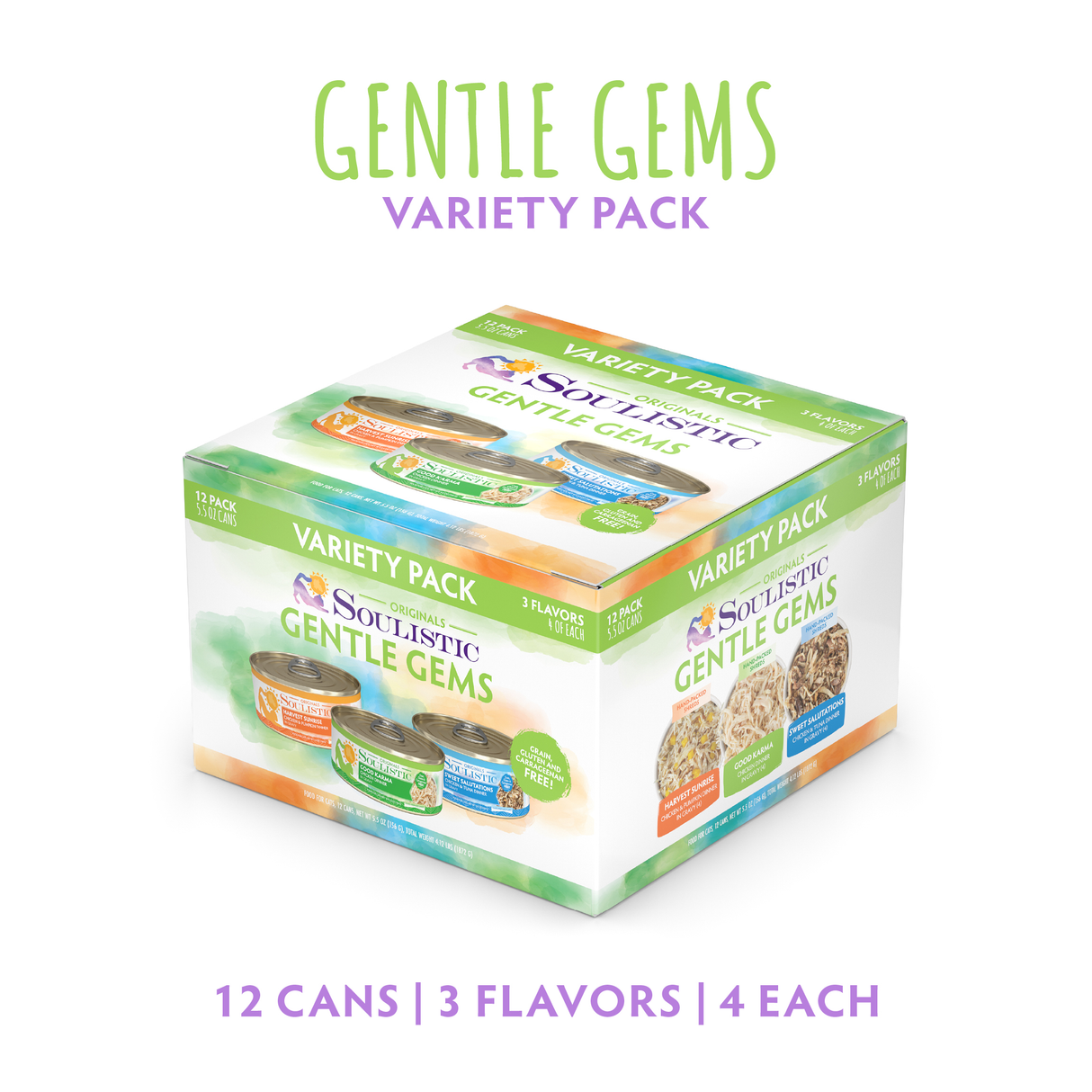 A box of Soulistic Gentle Gems pumpkin cat food on a white background, providing moisture-rich meals with high-quality proteins.