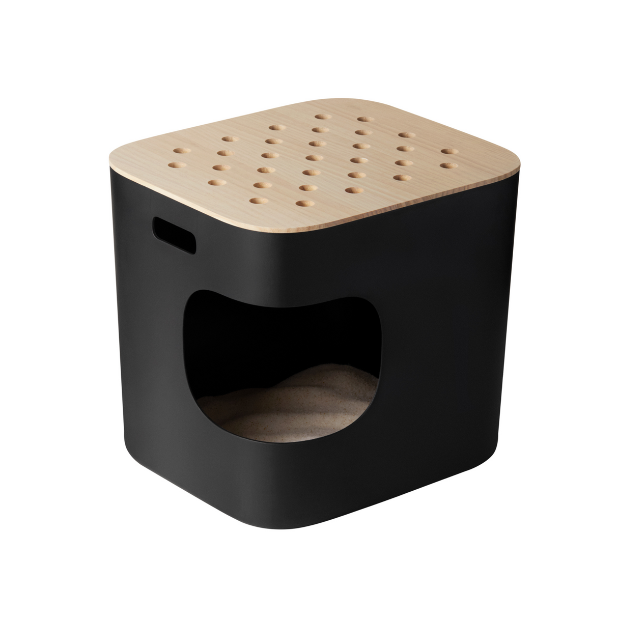 The Weruva Skylight Litter Box is a modern black cube with a ventilated wooden lid, sleek airflow holes, and a large arched front entrance for your cat’s comfort.