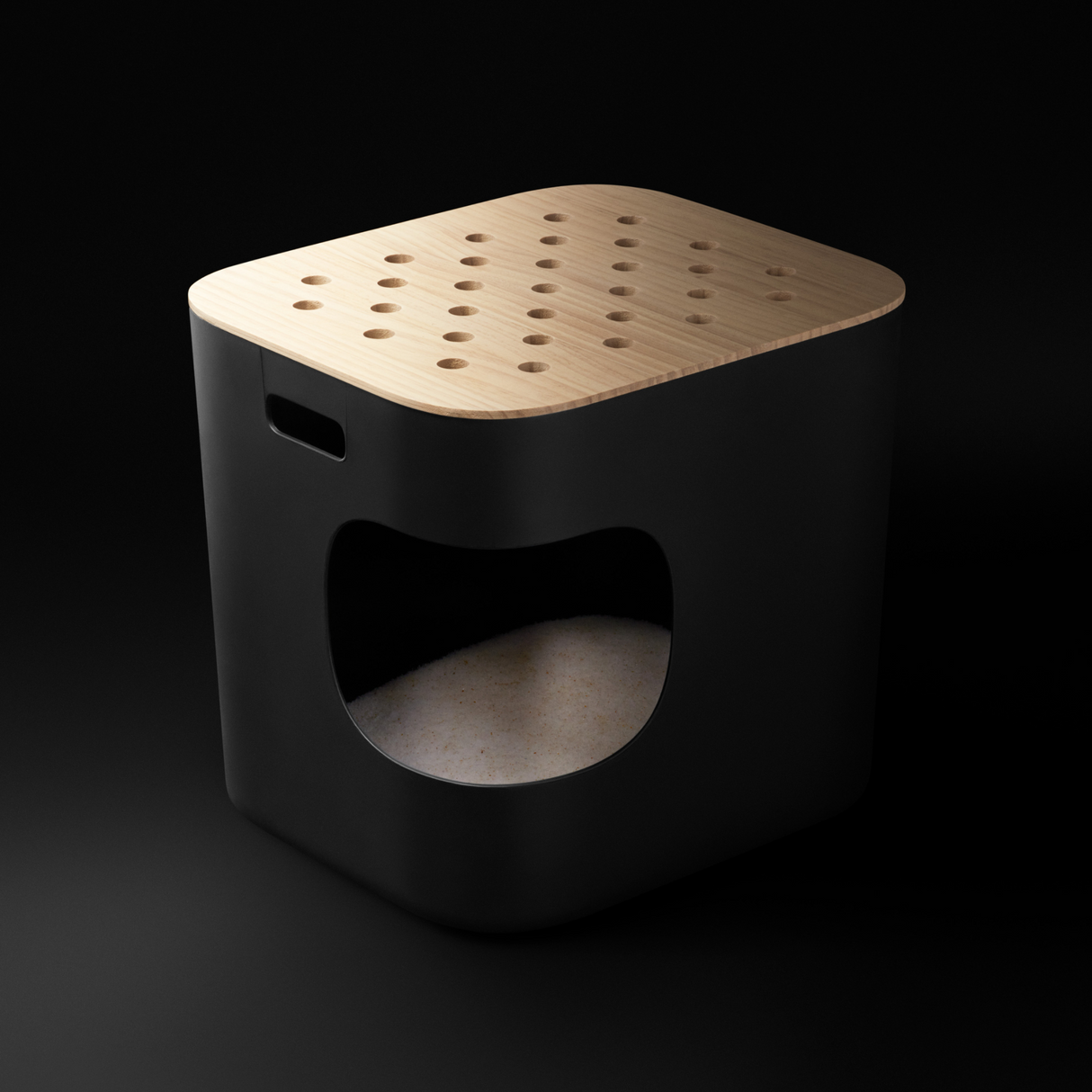 The Weruva Skylight Litter Box is a modern, cube-shaped pet house with a black base, corner entry, ventilated wooden lid with spaced holes, and an interior cushion.