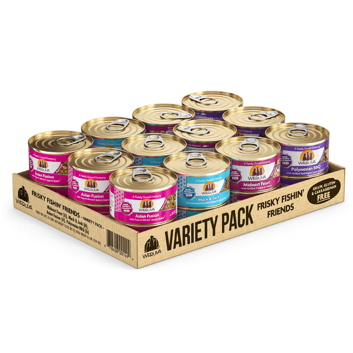 A cardboard tray labeled “Frisky Fishin' Friends” from Weruva holds twelve cans of cat food with hand-flaked fish in assorted flavors—each made with responsibly sourced ingredients.