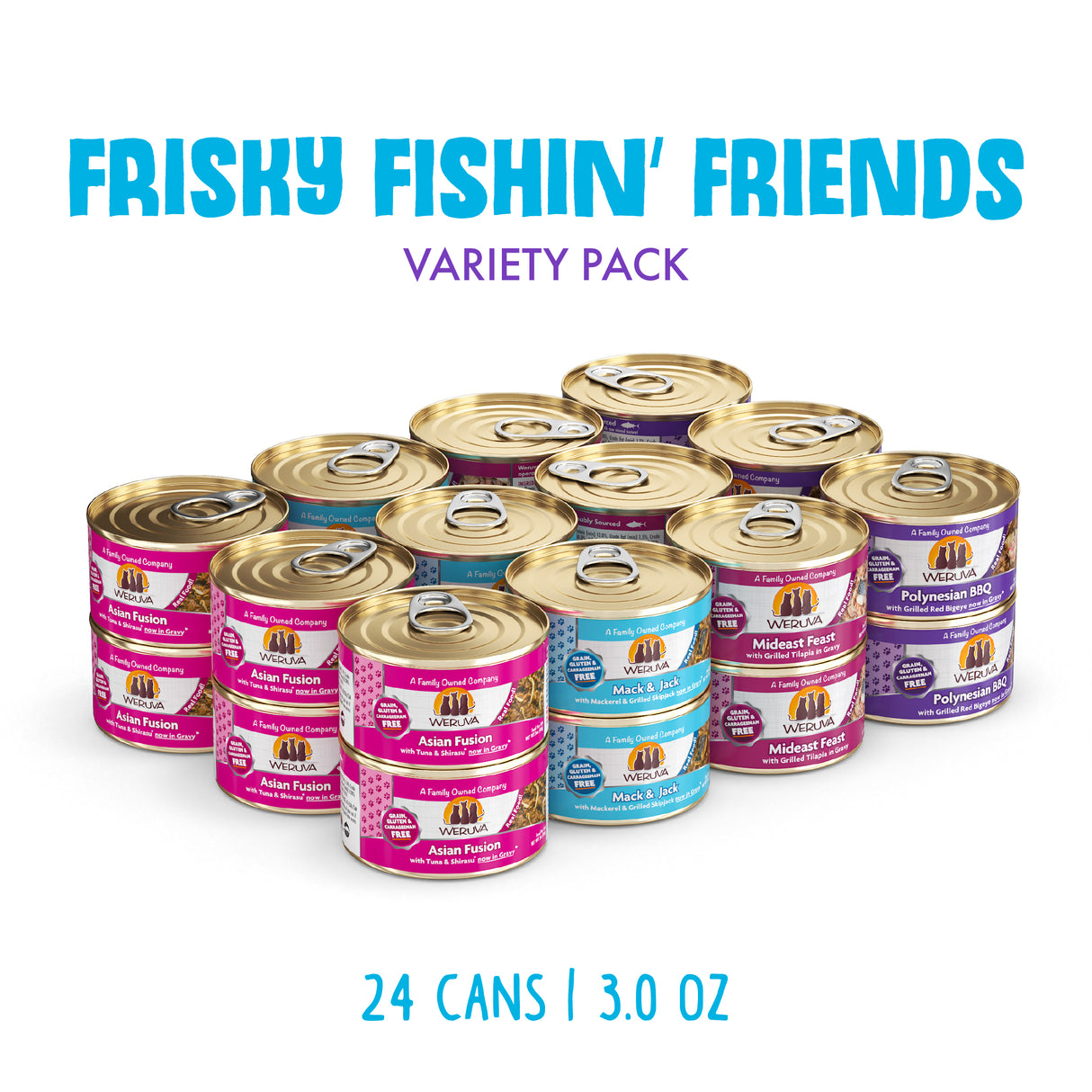 Weruva Frisky Fishin' Friends offers a 24-pack of 3.0 oz cans, featuring hand-flaked fish in assorted flavors, arranged in three rows for your cat’s enjoyment.