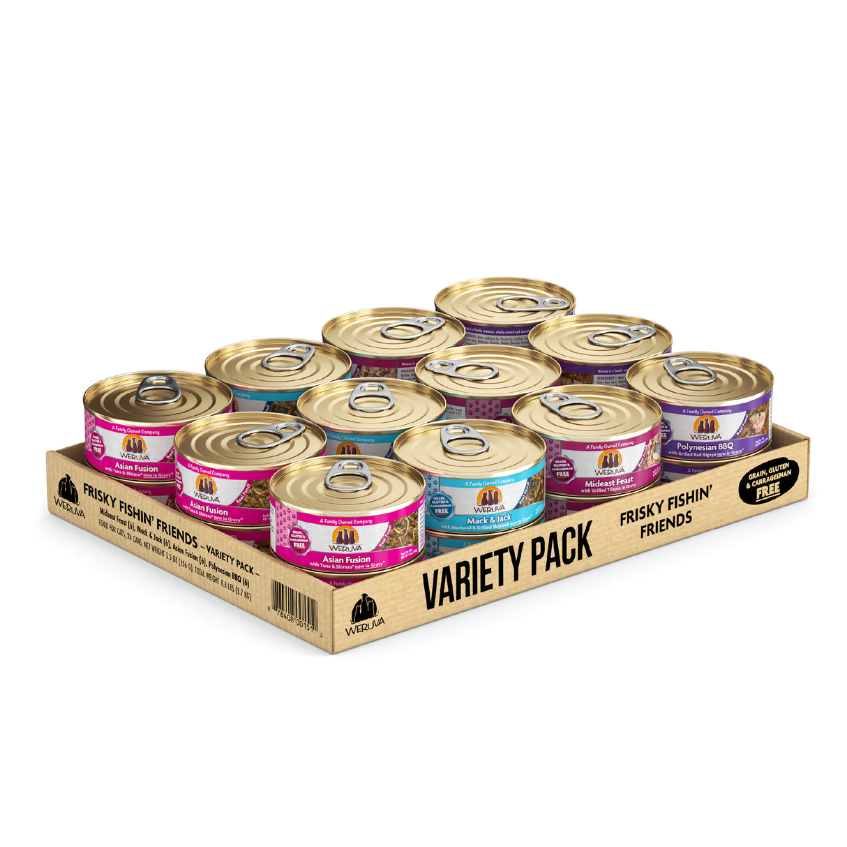 A cardboard tray labeled Frisky Fishin' Friends holds twelve Weruva Fussie Cat wet food cans with responsibly sourced, hand-flaked fish in assorted flavors. Purple, pink, and blue labels decorate the cans; tray sides read Frisky Fishin' Friends.