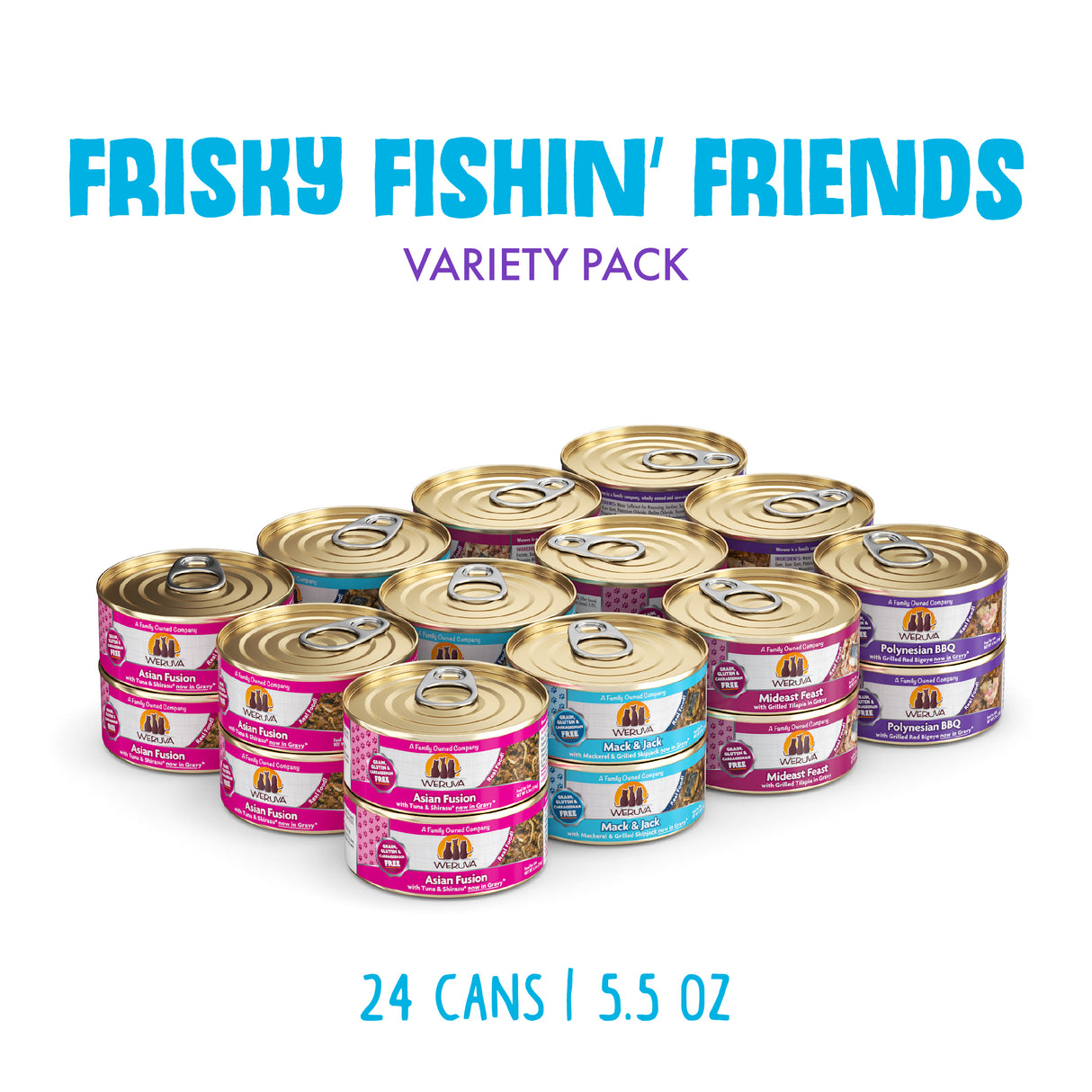 The Weruva Frisky Fishin' Friends Variety Pack includes 24 cans (5.5 oz each) with colorful purple, pink, and blue labels, all featuring responsibly sourced hand-flaked fish. "Frisky Fishin' Friends Variety Pack" appears above the cans.