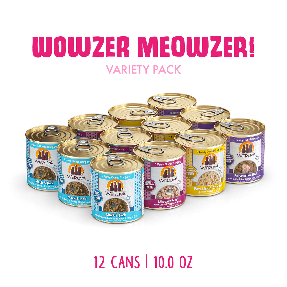 Twelve Weruva Wowzer Meowzer! cans are grouped together, each with colorful labels and filled with hand-flaked fish or boneless chicken. Text above reads “WOWZER MEOWZER! VARIETY PACK”; below, “12 CANS | 10.0 OZ.”.