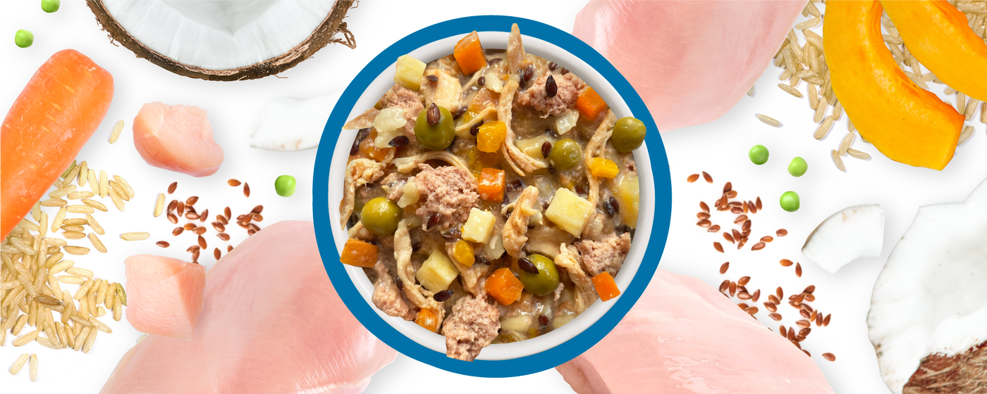 A bowl of mixed pet food with peas, carrots, chicken, rice, and sauce, surrounded by raw chicken pieces, carrots, coconut, bell pepper, peas, rice, and flaxseeds on a white background.