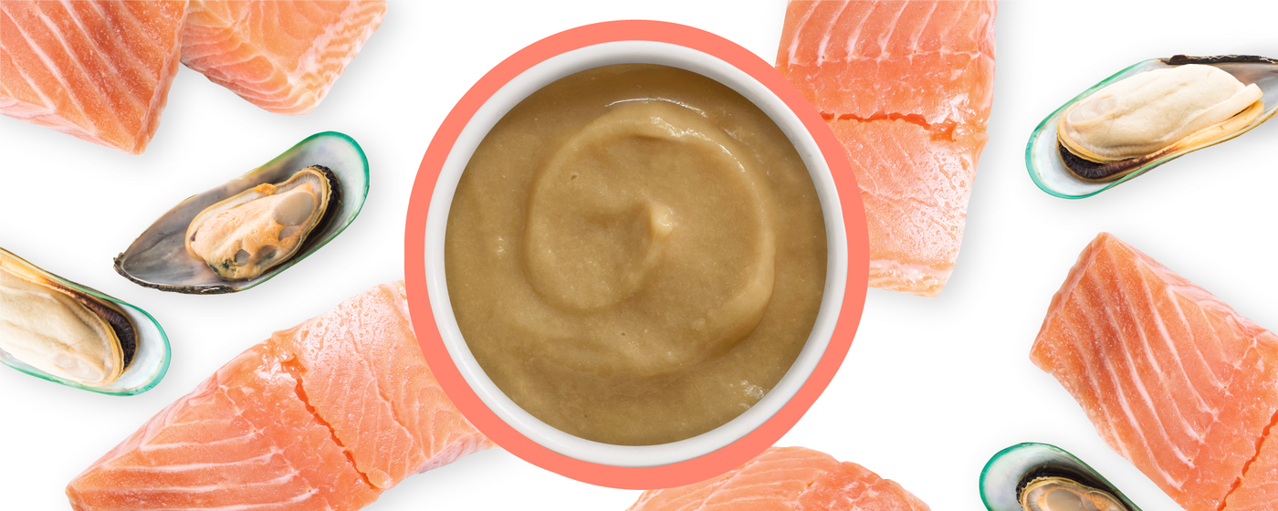 A bowl of brownish puree is surrounded by raw salmon pieces and opened mussels on a white background.