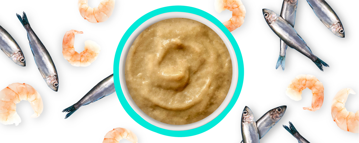 A bowl of brownish fish paste centered on a white background, surrounded by whole sardines and cooked shrimp arranged around it.