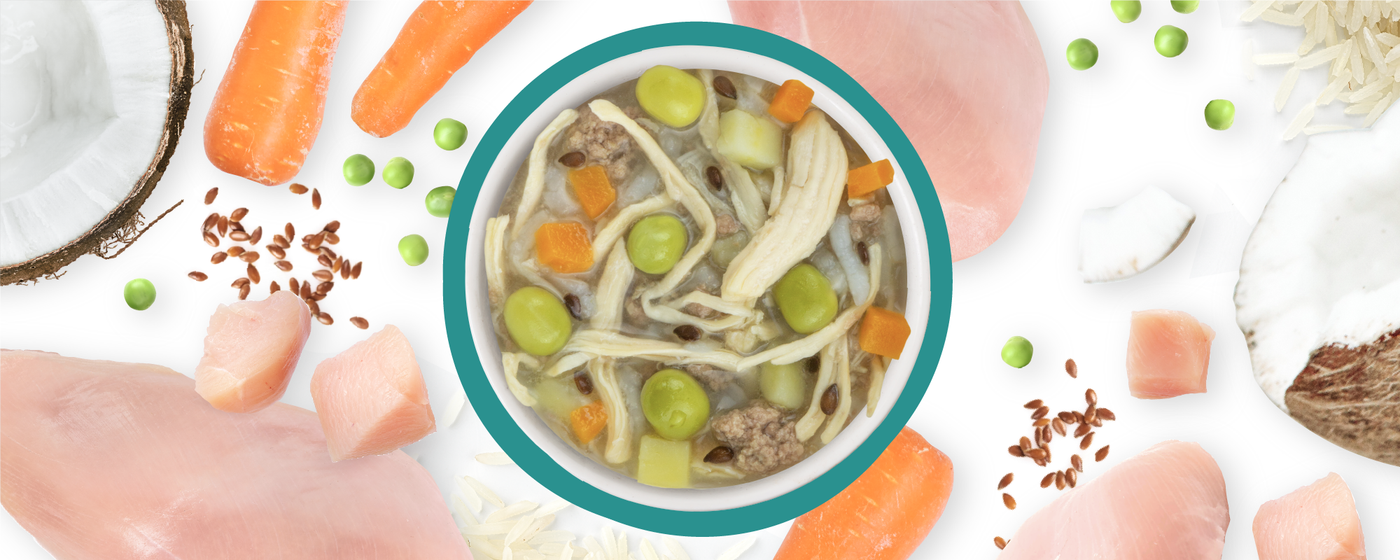 A bowl of pet food with shredded chicken, peas, carrots, and sauce, surrounded by raw chicken, carrot pieces, green peas, coconut, rice, and flaxseeds on a white background.