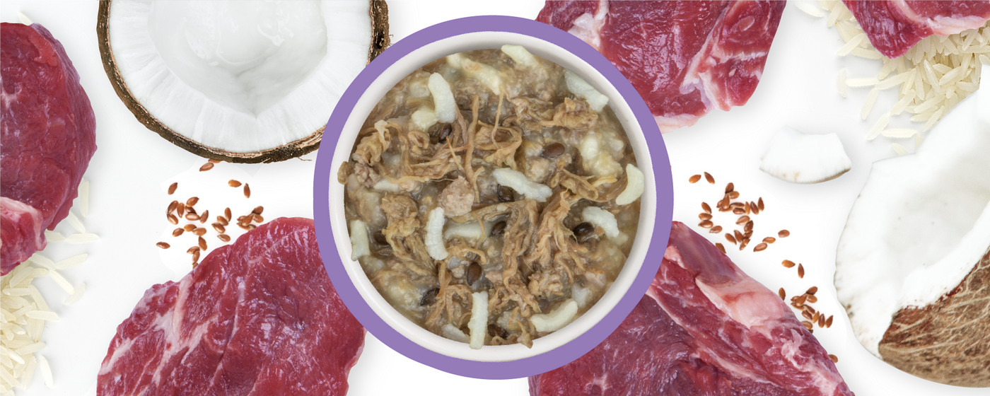 A bowl of shredded meat and vegetables is surrounded by raw beef slices, coconut halves, white rice, and flax seeds on a white background.