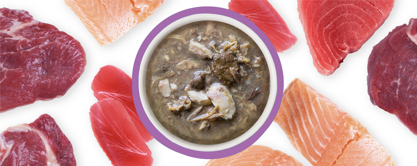 A bowl of shredded meat stew is surrounded by raw slices of red and pink fish and meat on a white background.
