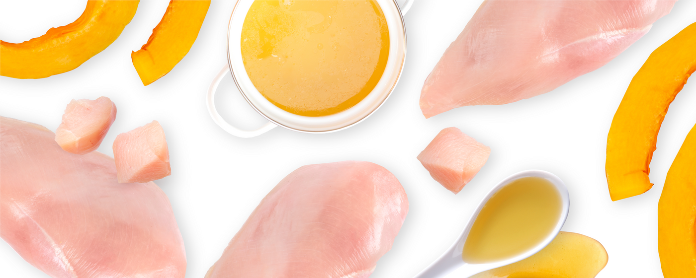 Raw chicken breasts, cubed chicken, pumpkin slices, a bowl of yellow soup, and a spoon with yellow liquid are arranged on a white background.