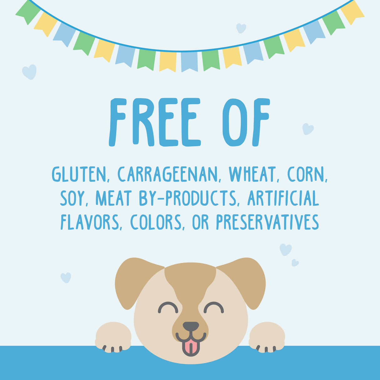 A cute cartoon dog peeks over a blue surface below text: Weruva Chicken Formula in Gravy—free of gluten, wheat, corn, soy, meat by-products, artificial flavors, colors & preservatives. Festive bunting decorates the top.