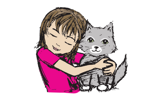 A child with brown hair and a pink shirt hugs a gray cat, both appearing happy and content. The illustration is sketched with soft lines and muted colors.