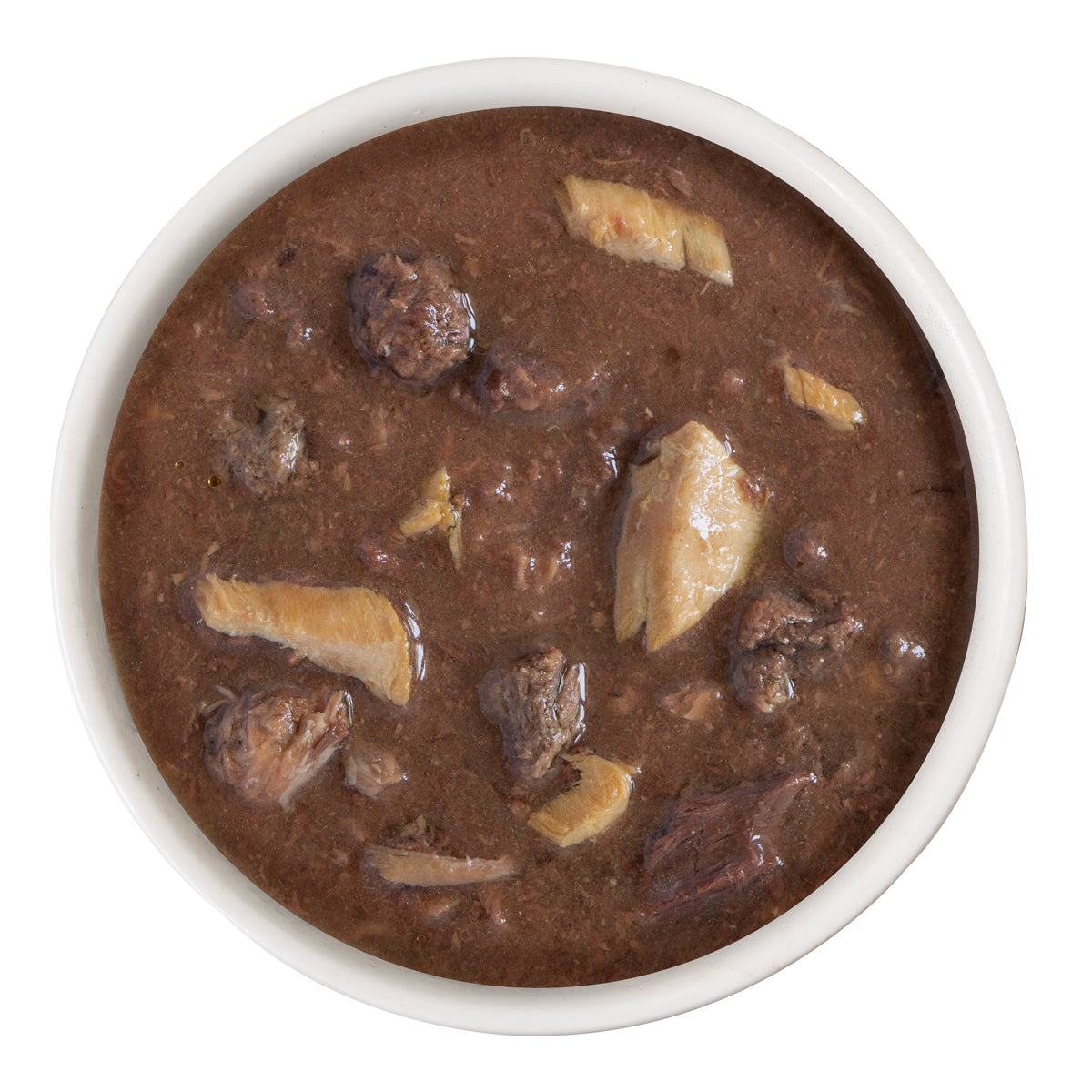 A white bowl filled with BFF Best Feline Friend Tuna & Salmon Start Me Up, a hearty stew for gravy-loving cats, viewed from above on a white background.