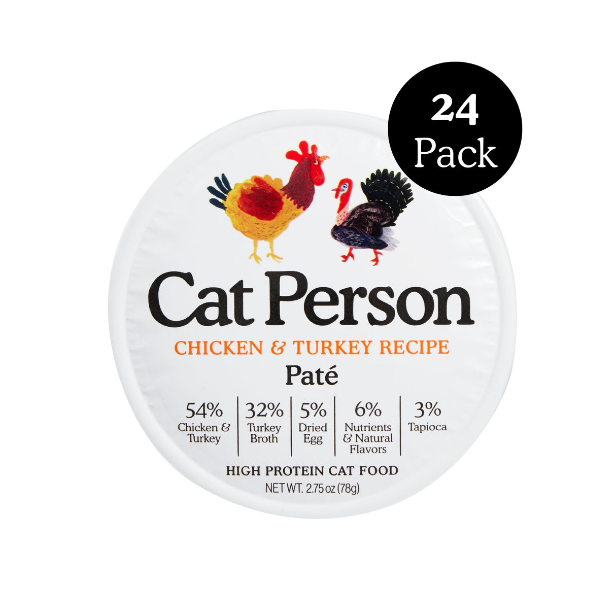 Round container of Cat Person Chicken & Turkey Paté with chicken and turkey illustrations, "24 Pack" label, and nutrition info on a white background—ideal for protein-rich, balanced cat food.