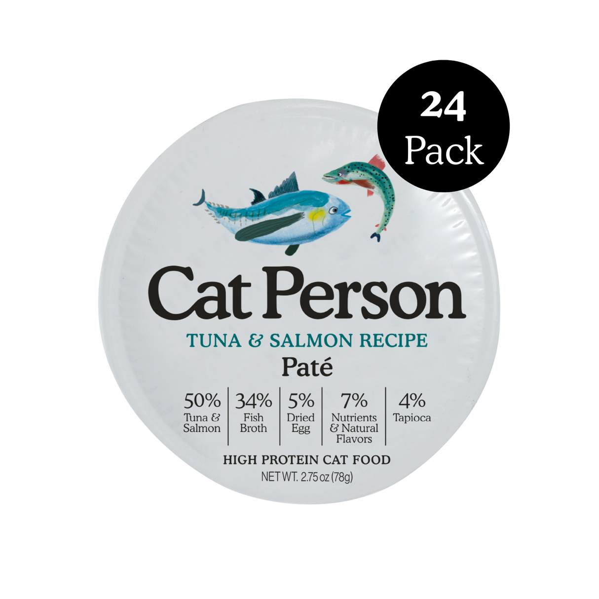 A Cat Person Tuna & Salmon Paté container lid featuring tuna and salmon illustrations, a black 24-pack circle, and nutritional breakdown percentages.