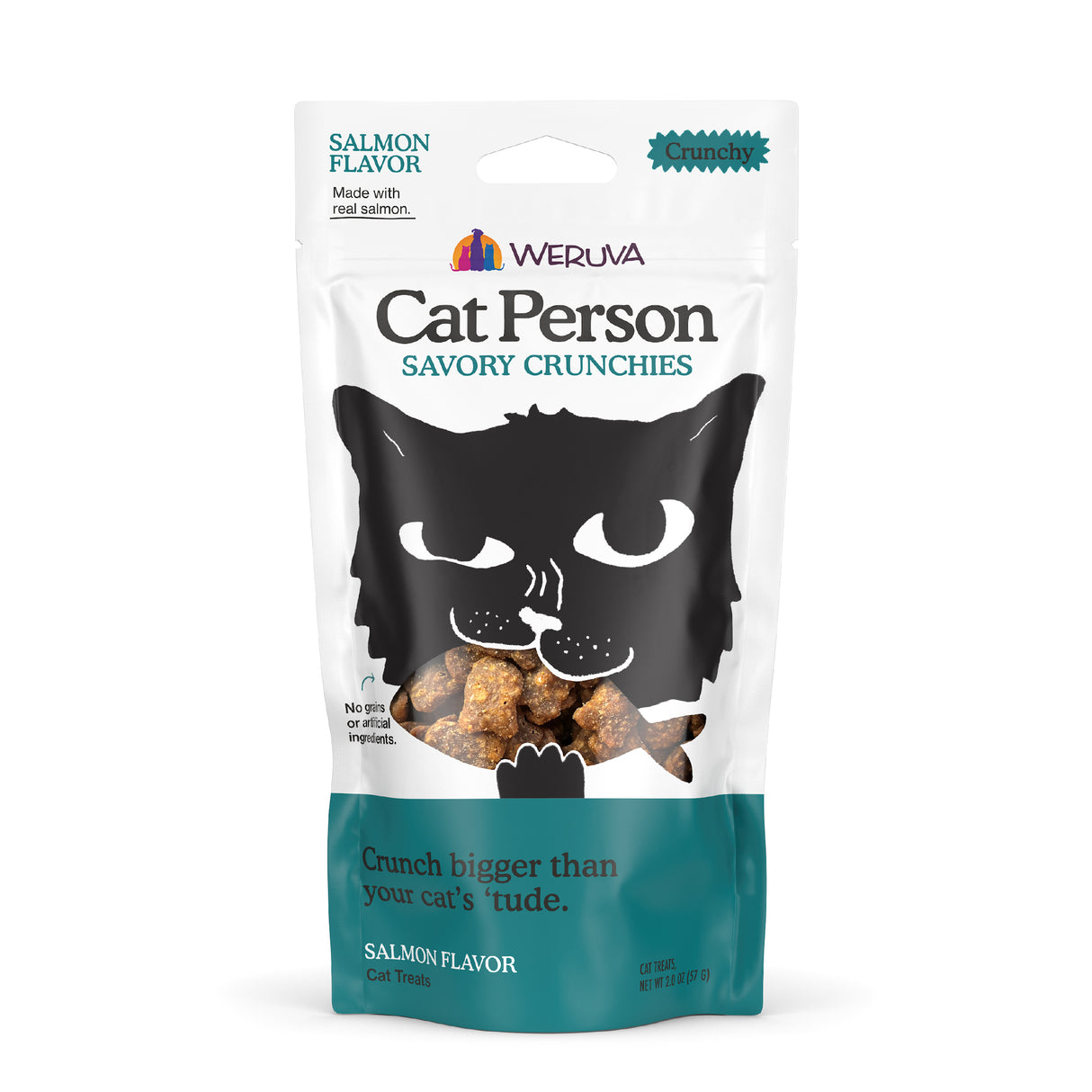 A bag of Cat Person Salmon Savory Crunchies low calorie cat treats, featuring a black cat on a white and teal package with a clear window showing the treats. Supports a shiny coat.