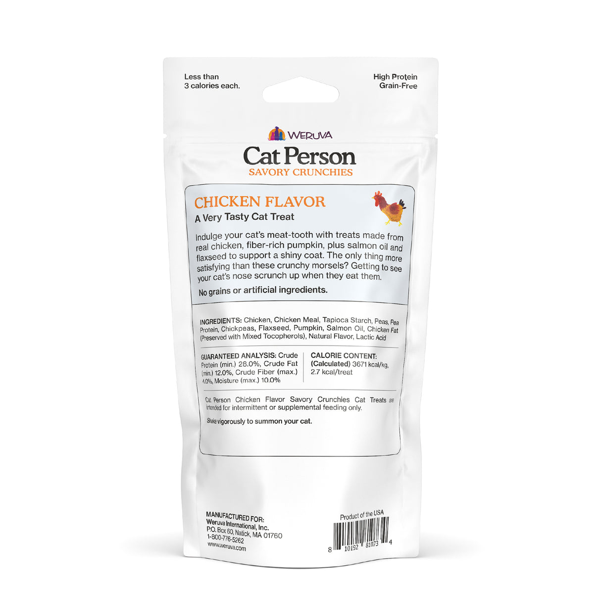 Back of a white Cat Person bag labeled Chicken Savory Crunchies cat treats. The packaging lists ingredients, nutrition facts, feeding instructions, and company info. A small chicken icon appears near the flavor name for these crunchy treats.