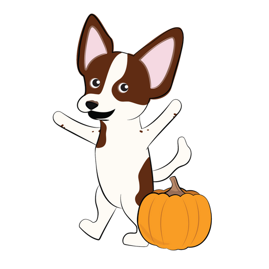 Cartoon brown and white dog standing on two legs with its arms raised, smiling, and standing next to an orange pumpkin.