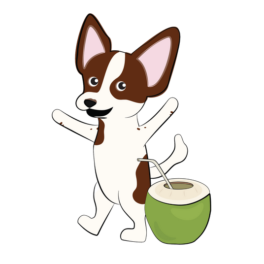 A cartoon brown and white dog standing on two legs with arms raised, smiling, next to a green coconut with a straw.