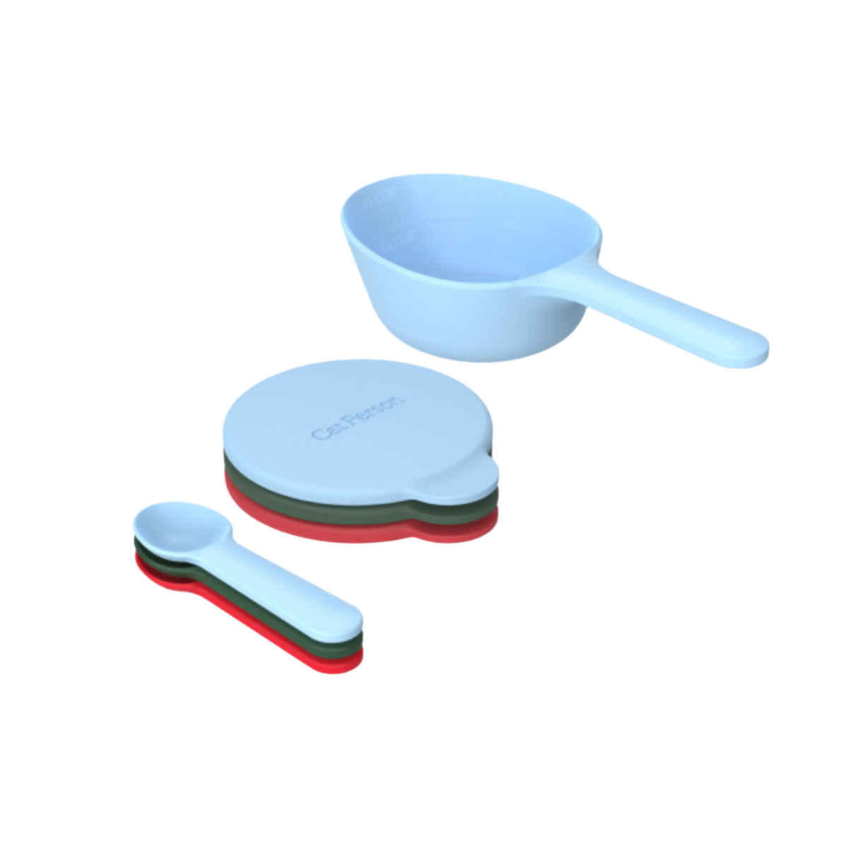 The Cat Person Serve & Store Set by Cat Person includes light blue measuring cups and spoons with airtight lids in red, green, and black, ideal for portion control or as silicone cat food accessories—all shown on a white background.