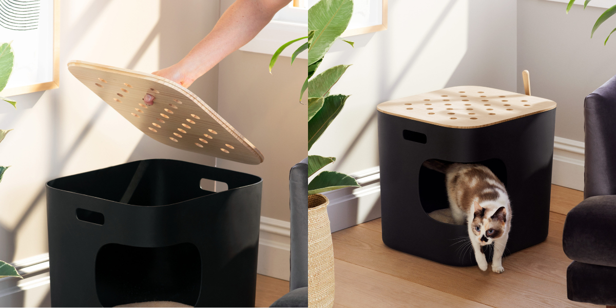 A two-part image shows a person lifting the wooden lid off a black, box-shaped container with cutout handles and a hole in the front; beside it, a cat exits the same container with the lid on.