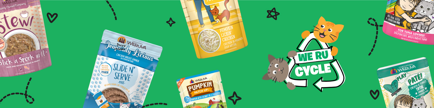 A green background with assorted Weruva cat food packages scattered around, a “We RU Cycle” recycling logo featuring two cartoon cats, and playful doodles like hearts and stars.