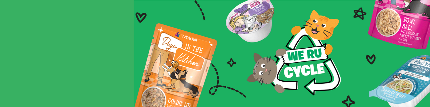 A green background with cartoon cats, stars, and pet food packaging. A central orange cat holds a recycling symbol that says WE RU CYCLE. Various Weruva pet food packages are displayed around the cat.