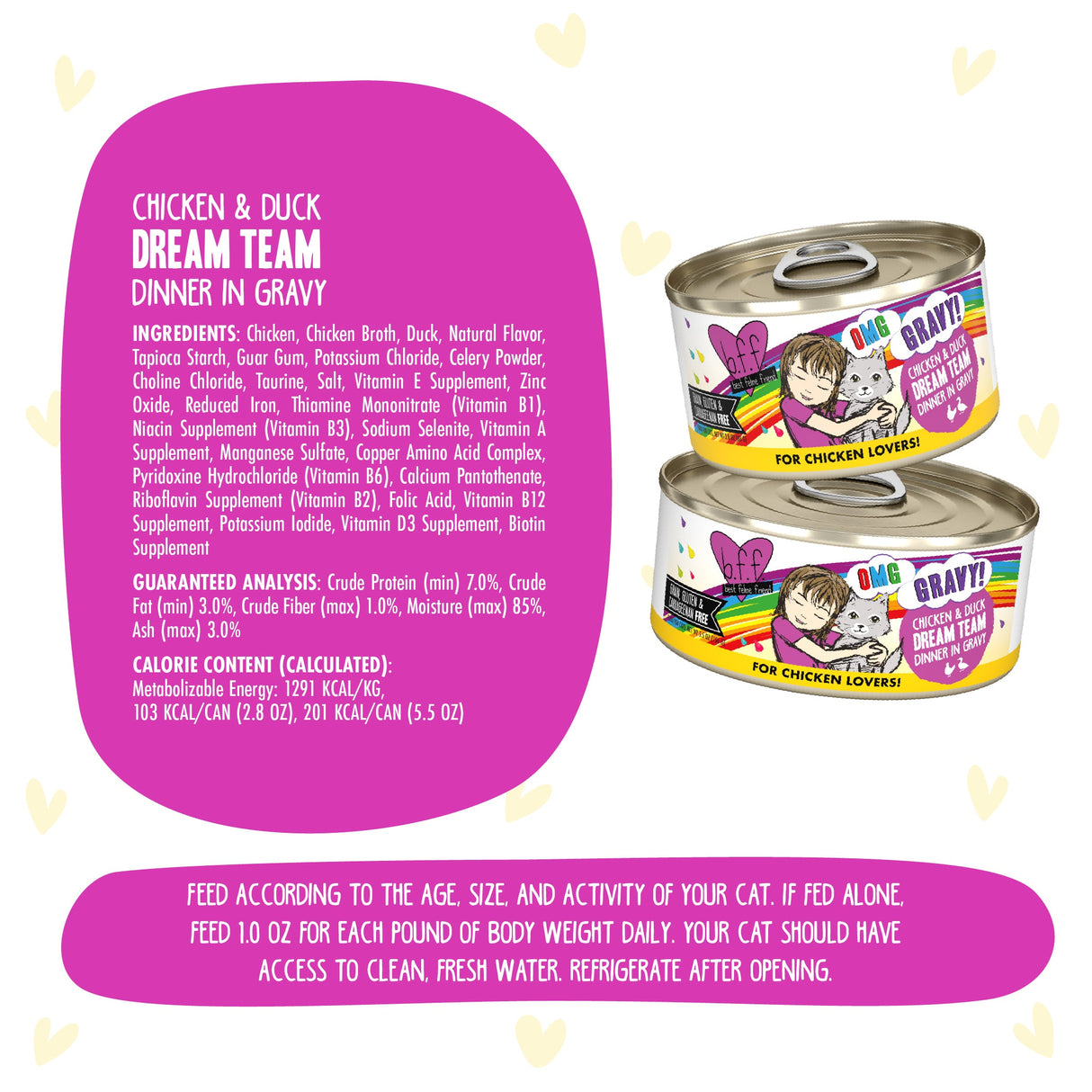 Three cans of BFF Best Feline Friend Chicken & Duck Dream Team cat food are stacked, featuring colorful labels with cartoon cats, plus nutritional info and feeding guidelines around each can.