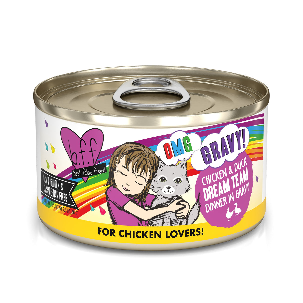 A can of BFF Best Feline Friend Chicken & Duck Dream Team cat food shows a cartoon girl hugging a gray cat, with text highlighting cage-free chicken & duck in gravy. The label notes it's grain, gluten, and carrageenan free.