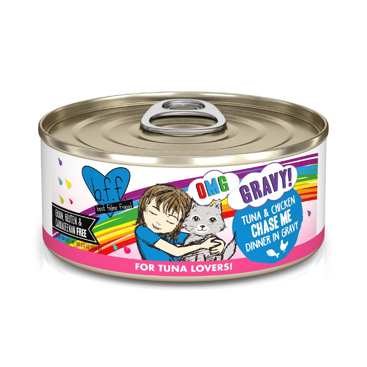 A can of BFF Best Feline Friend Tuna & Chicken Chase Me cat food is perfect for gravy-loving cats.