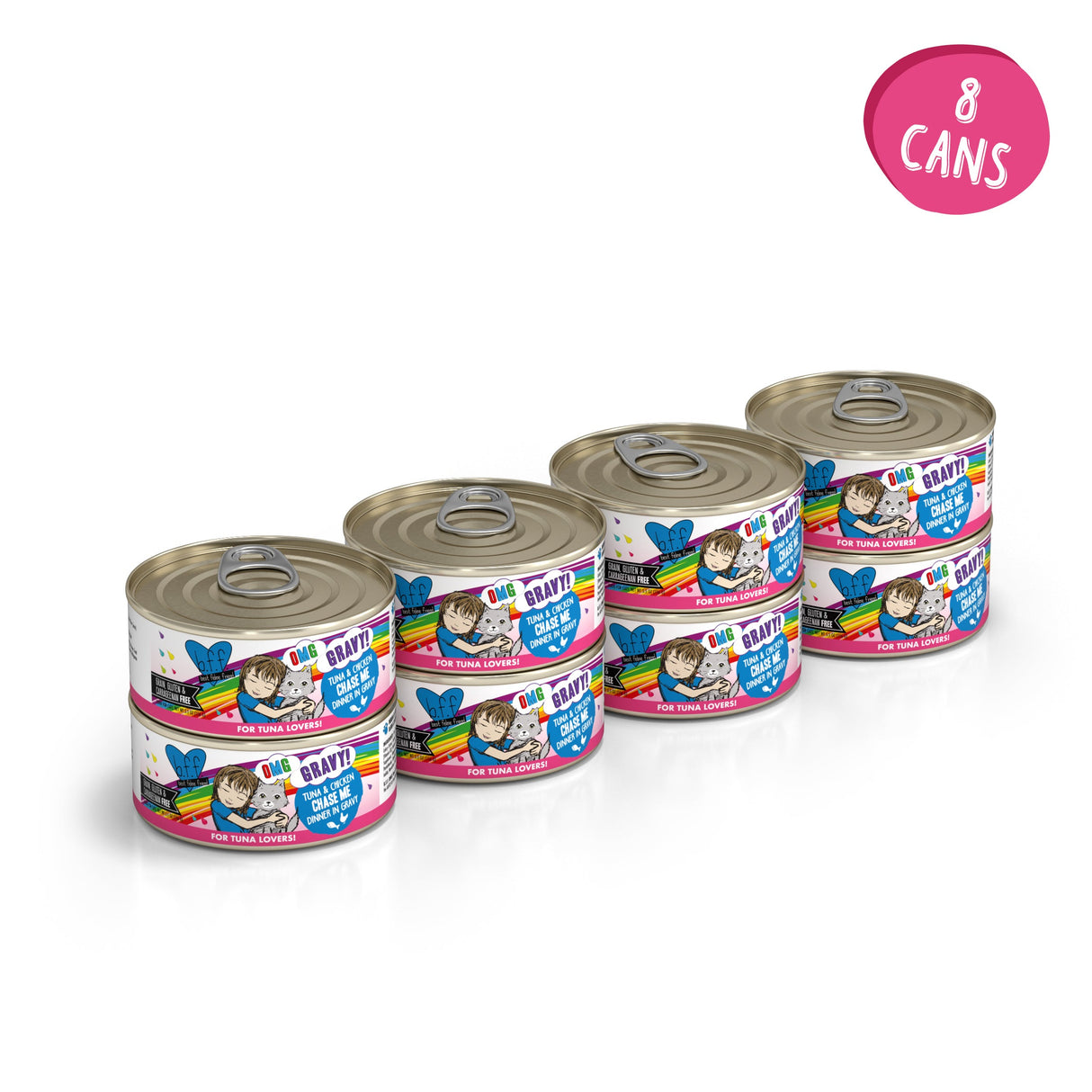 Four colorful BFF Best Feline Friend Tuna & Chicken Chase Me cans, featuring cartoon child and rainbow designs, are stacked in two rows. A pink circle says 8 cans, indicating a quality product for children.