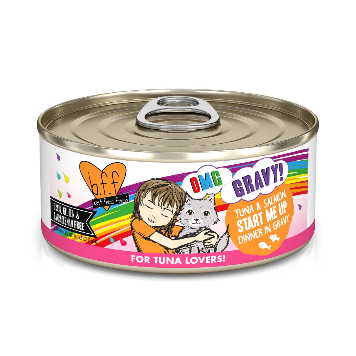 BFF Best Feline Friend Tuna & Salmon Start Me Up is a canned cat food with wild-caught tuna and salmon for gravy-loving cats. Its colorful label shows a cartoon child hugging a gray cat and highlights that it’s gluten- and carrageenan-free.