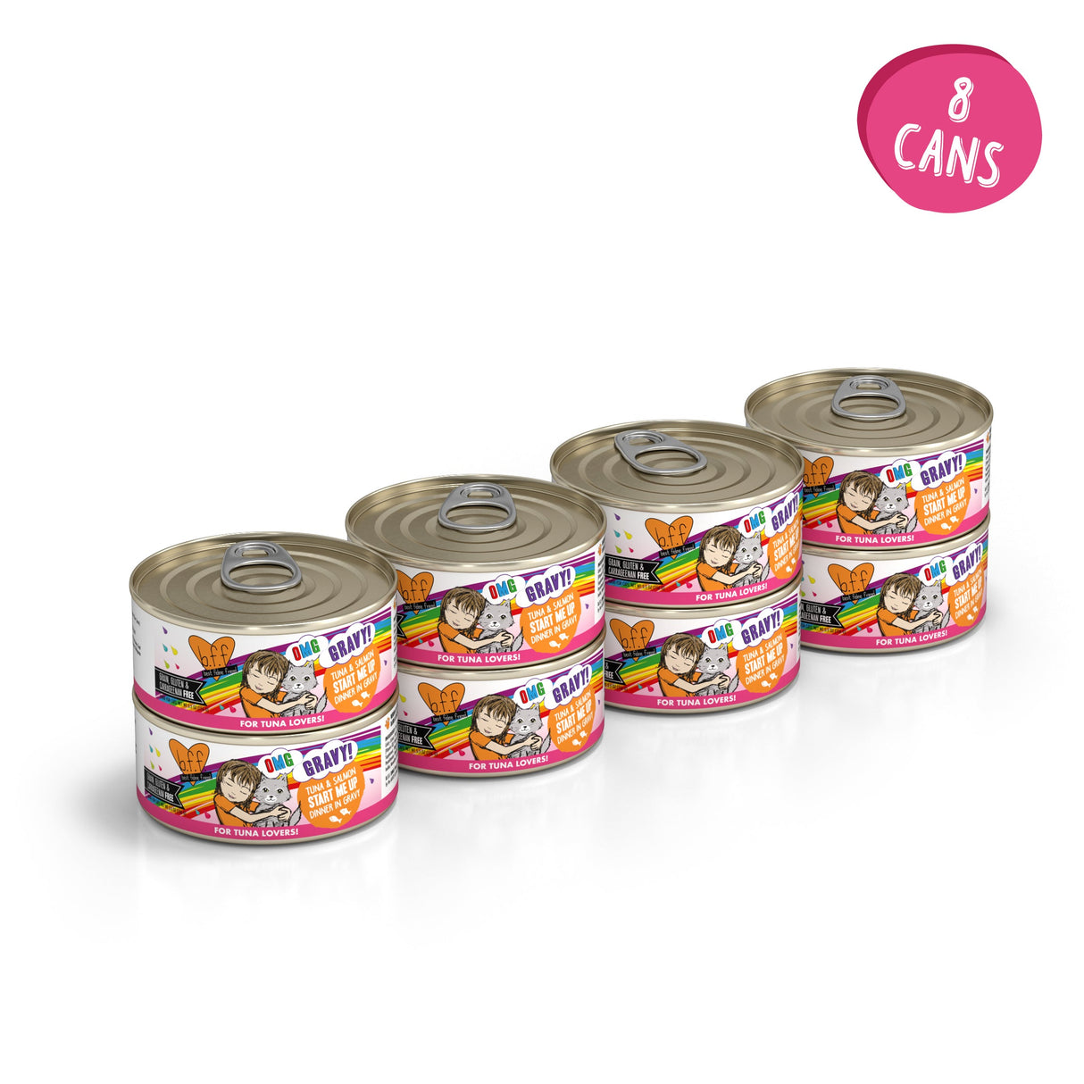 Four colorful cans of BFF Best Feline Friend Tuna & Salmon Start Me Up are arranged in a row, each with illustrated labels featuring children. A pink circle at the top right says, "8 cans—perfect for gravy loving cats.